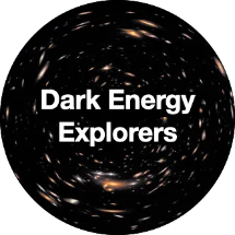 The words Dark Energy Explorers on top of a lensed galaxy field.